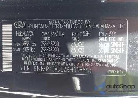 2024 Hyundai Santa Fe Limited z USA, uszkodzony, nr VIN 5NMP4DGL2RH008883